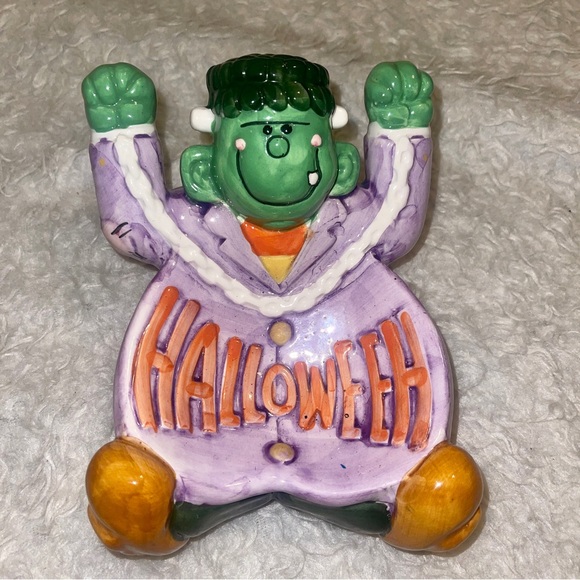 Holiday Vintage Green Orange Frankenstein Candy Dish Bowel Plate